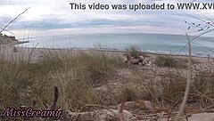 Amateur French teacher gets caught giving blowjob on nude beach to stranger, ending with public cumshot