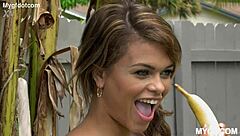 Brunette rides and takes facial after going wild with banana play in interracial fun