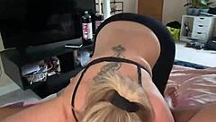 blonde with huge tits and blue eyes sucks stepson's big dick then gets fucked doggystyle despite feeling unwell