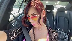 i love showing off my shaved juicy pussy in the car outside feeling so horny