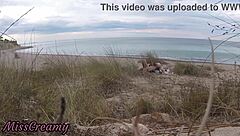 Amateur French teacher gets caught giving blowjob on nude beach to stranger, ending with public cumshot