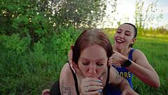 Hey, can you handle this? Outdoor double blowjob with huge cocks ends in surprise cum mouthful for teens!