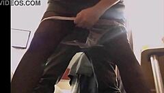 Hey, watch this blonde in white satin dress giving blowjob and rimming in stockings