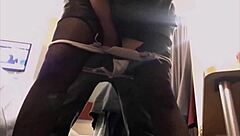 Hey, watch this blonde in white satin dress giving blowjob and rimming in stockings