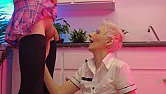 In a homemade session, a cute short-haired European blonde receives a golden shower on her face