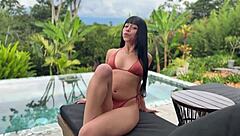 Public Sex with Rich Neighbor in Mansion Pool. Petite Colombian Brunette Rides Cowgirl and Doggystyle Outdoors.