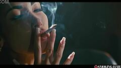Oh, watch this French brunette with huge fake tits masturbate while smoking and talking dirty?