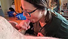 I felt so excited filming my girlfriend's first blowjob video with her wearing glasses as amateurs in our homemade setup
