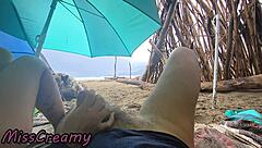 Whoa, 4K public beach handjob from Misscreamy during the storm!