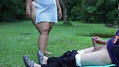 Oh wow, this voyeur woman jerks me off outdoors in public park!