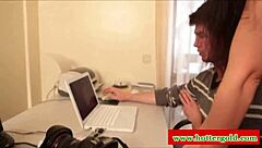 Seductive Latina brunette in heels and lingerie tempts her colleague