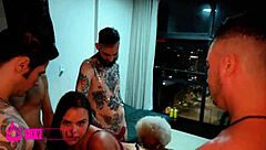 Roulette of sticks with Brazilian tattooed submissive small tits amateurs licking and kissing in natural interracial action