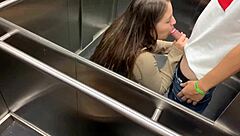 Blonde and Latina babes lick and blow big cock in public elevator after party.