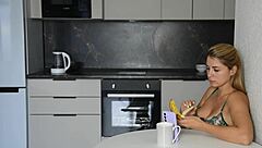 Watched my muscular wife swallow banana then fucked her big ass with monster cock in early morning homemade action