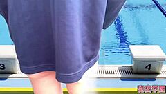 In a secretive swimming class, this crossdressing amateur strips and masturbates outdoors in a bikini until orgasm hits