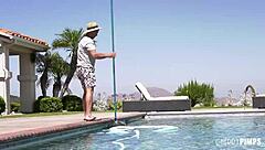 smoking hot busty milf tempts poolboy with a toy in her ass