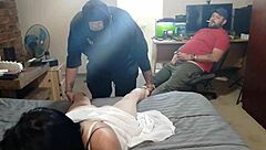 cuckold hubby watches sexy tattooed babe spread legs for young stud's cock