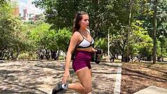 horny colombian babe fucks with a stranger outdoors and lets him creampie her