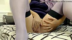 Mature Cougar Teases Pussy In Lavender Stockings Close Up