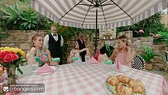 Hey check out these three horny wives in a steamy foursome at the club