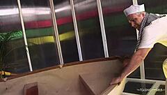 Stunning brunette babe seduces sailor with wild riding and sucking action