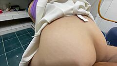 i find this skinny old lady alone in the kitchen and bathroom then fuck her tight shaved pussy hard with my huge cock until cumming