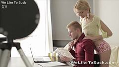 karina grand, a blonde beauty, eagerly sucks on a throbbing cock before receiving a messy facial cumshot in a passionate encounter