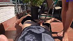 Why settle for one when two amateur girls give outdoor footjobs and wet dreams on balcony with big dick?