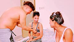 Uttaran20 Two Hot Petite Gals Share Monster Cock on Bed