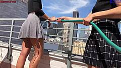 Why settle for one when two amateur girls give outdoor footjobs and wet dreams on balcony with big dick?