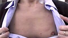 Would you pay this British brunette to masturbate her shaved pussy outdoors?