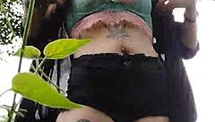 Curvy Brazilian with Pierced Nipples and Natural Tits Flashes Big Pussy Outdoors