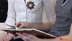 teen nancy rides her college tutor's cock after blowjob, getting shaved pussy filled with cumshot in european hardcore action