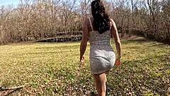 Horny Brunette Babe Walks Naked in Woods Touching Wet Pussy