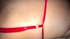 Japanese milf in red lingerie moans against wall!