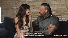 brunette and her tattooed boyfriend share an exciting liquid lunch with group riding and licking in high definition