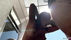 Tanned latina model with puffy nipples and muscular body in rough no condom balcony fuck with old tourist