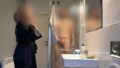 Caught husband jerking on brunette milf in bathroom and joined the voyeur action