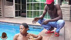 petite skinny girl takes big black cock in tight pussy after pool swim