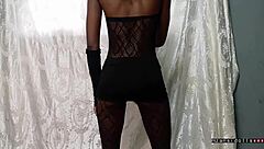 oh wow, this 18y old ebony in fishnets and miniskirt is getting fucked hard with toys and tight pussy action.