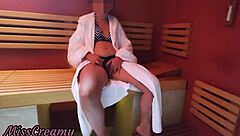 Misscreamy experiences squirting orgasm in public sauna with wet shaved pussy and ass fingered by stranger