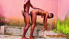 Horny ebony amateur takes big black cock doggystyle outdoors near church with wet pussy