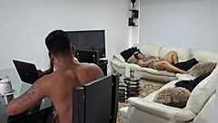 Curvy Colombian babe touches her pussy and fingers it deep while friend does homework