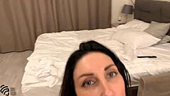 hot brunette milf gives homemade blowjob and handjob with close up cum on face in garage