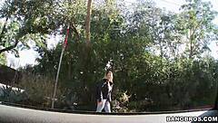 blonde gives backyard blowjob to massive black cock in amateur thrill