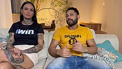 muscular tattooed bodybuilder gets first time blowjob and big cock foreplay on sofa in homemade pov