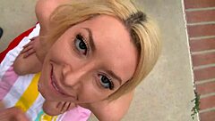 Blonde babe Gia Love gives outdoor deepthroat blowjob with ball licking and spitting.