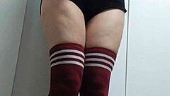 cheeky change room try on with topless thigh high socks