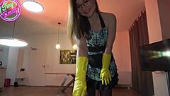 german petite maid tiny emily gets pov creampie from boss in cosplay glasses and tight pussy cowgirl