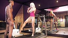 Cindy Behr fucks asian man on treadmill with blowjob cowgirl doggystyle cumshot